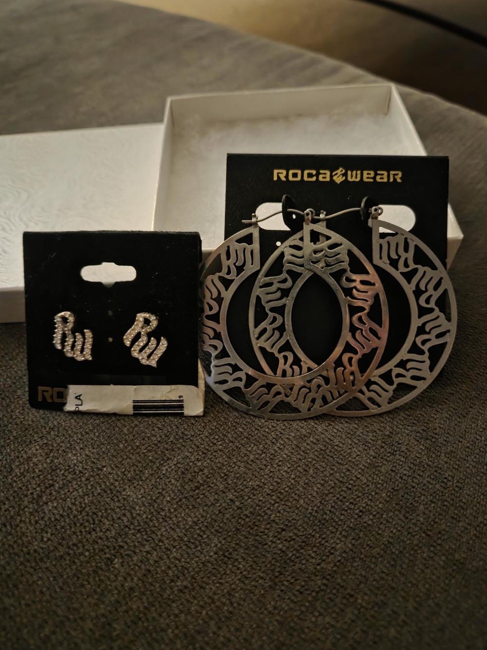 Rocawear Silver Cutout Hoop Earrings with Rhinestone Studs